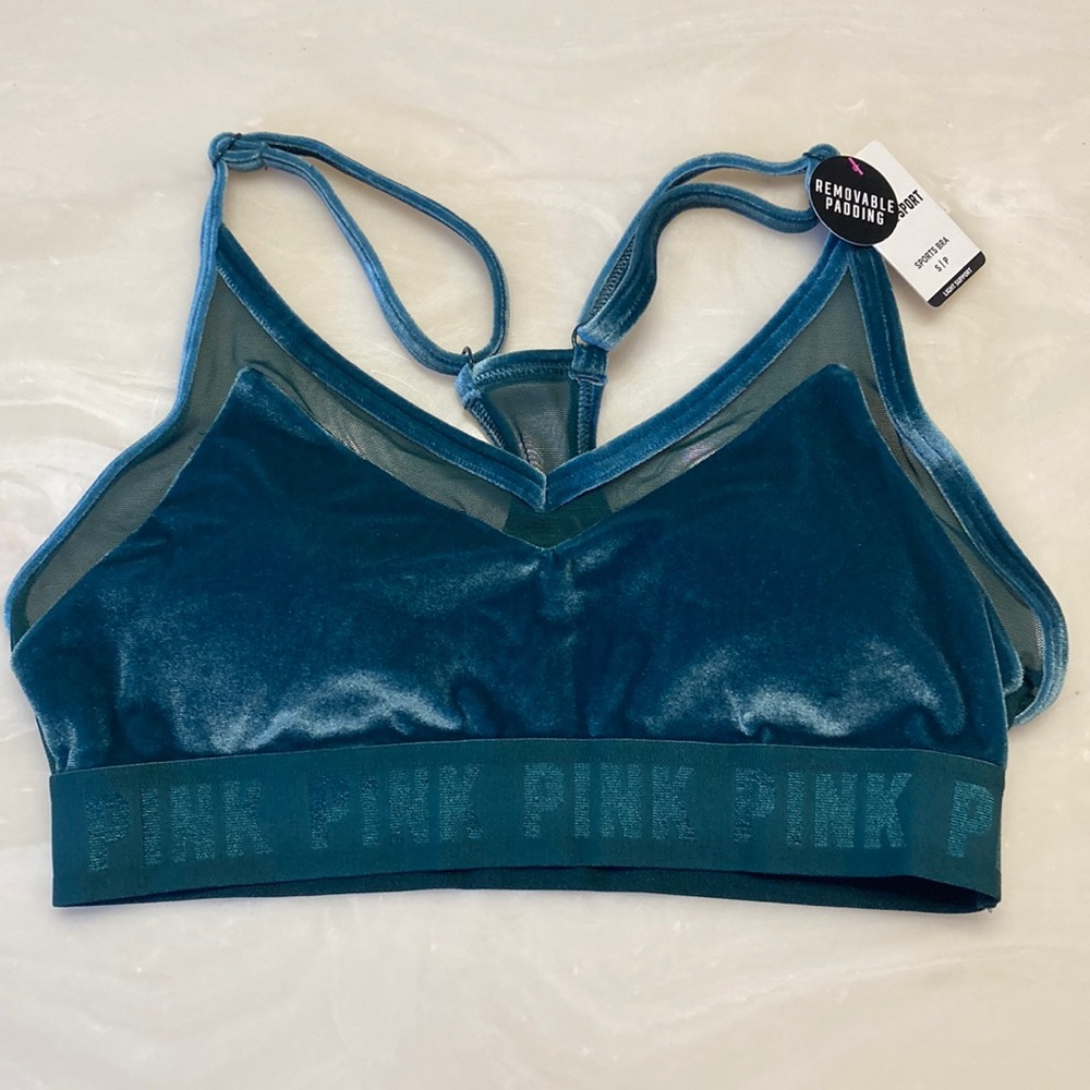 PINK Victoria’s Secret Sports Bra SM NWT AQUA/Hunter Green velvet adjust straps